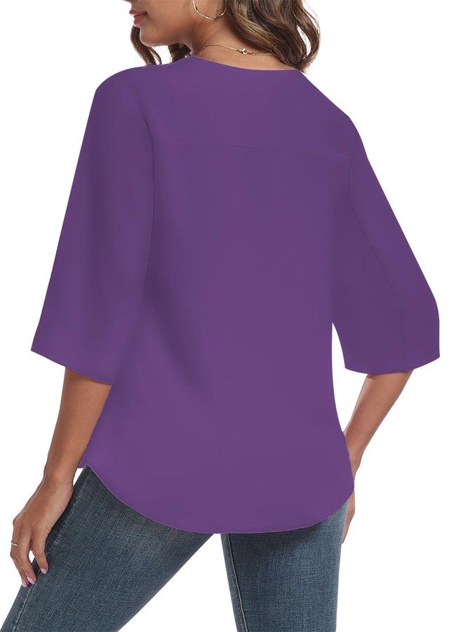 LAOLASI 2025 Blouses for Women Autumn 3/4 Sleeve V Neck Casual Dressy Blouse Work Cute Ladies Tops Shirts,Purple,L - Image 2